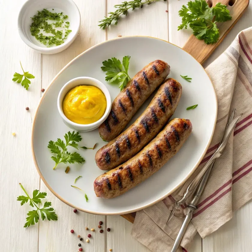 Grilled beef sausages on a plate with a side of mustard