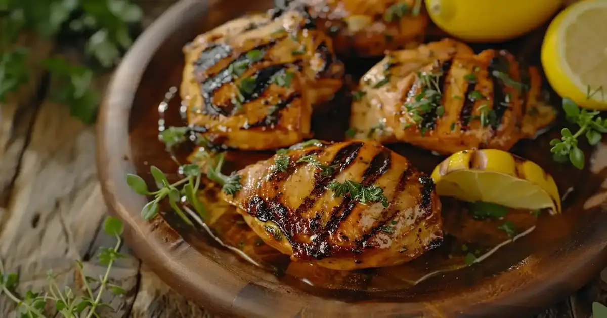 Juicy grilled chicken thighs with crispy golden skin.