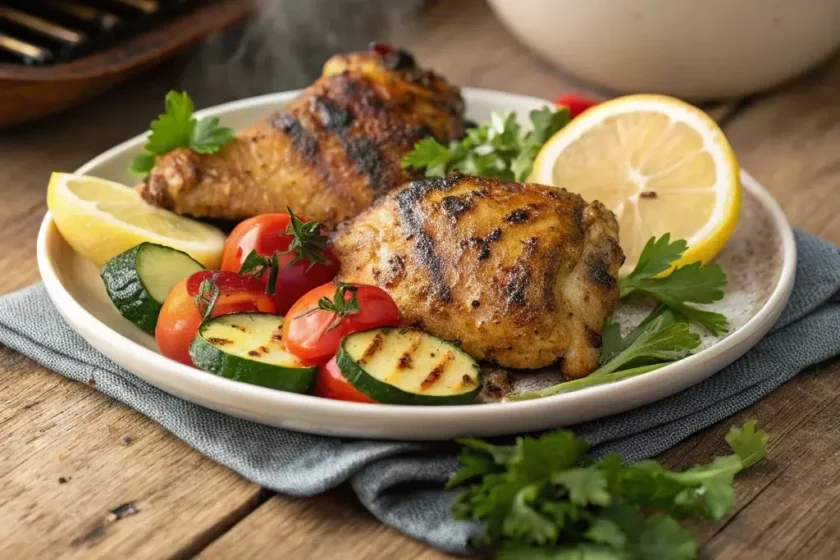 Grilled chicken thighs with crispy golden-brown skin, garnished with parsley and lemon wedges, served with grilled vegetables and dipping sauce.