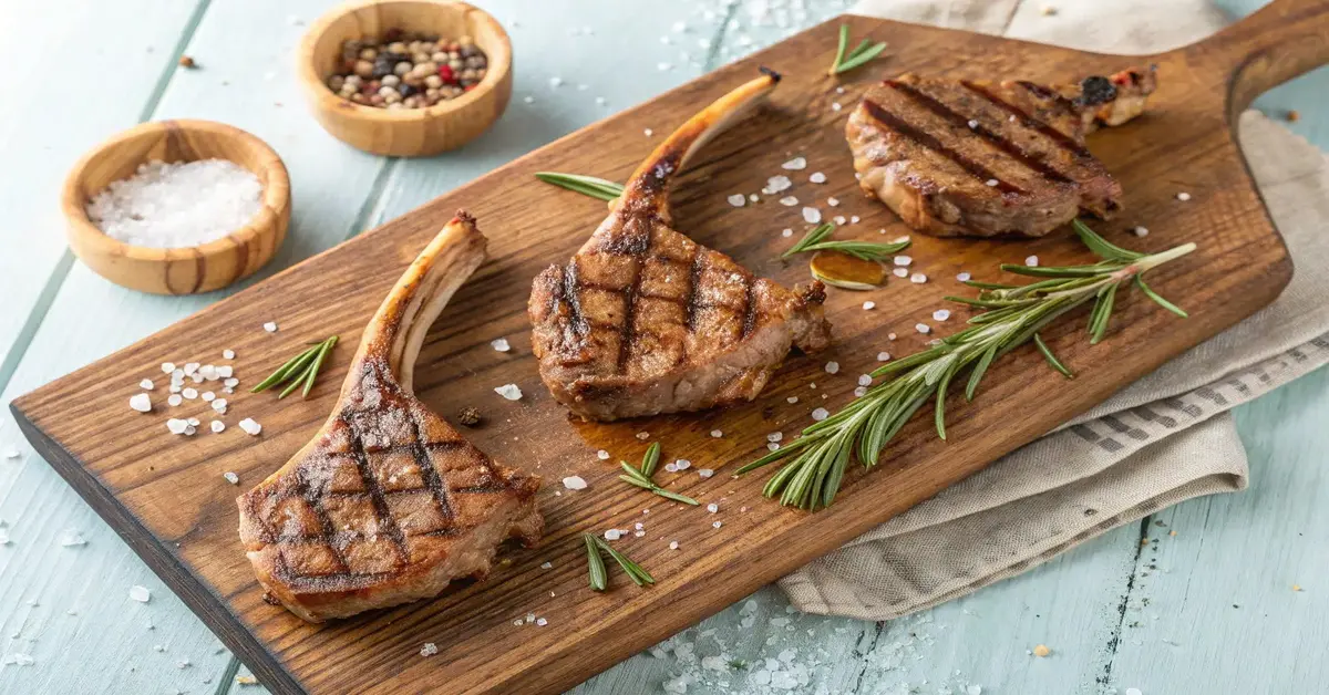 Juicy grilled lamb shoulder chops on a wooden board