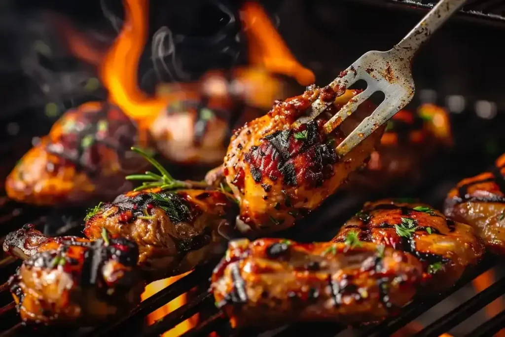 Chicken thighs sizzling on a hot grill with smoke rising