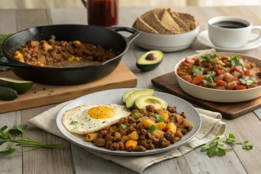 A beautifully styled breakfast table with ground beef dishes, including scrambled eggs, tacos, and sweet potato hash