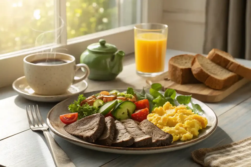 A healthy breakfast plate featuring lean beef, scrambled eggs, avocado, grilled tomatoes, and whole-grain toast, served with coffee and orange juice on a rustic wooden table.