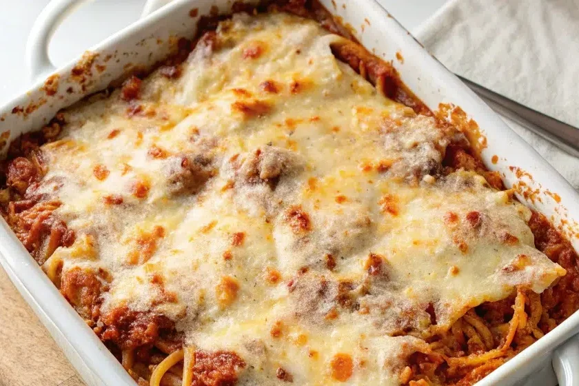 A delectable spaghetti casserole recipe in a baking dish * Title: Hearty Spaghetti Casserole