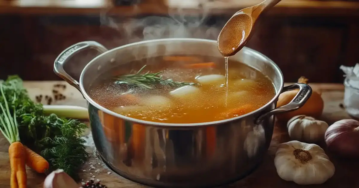 Homemade chicken bone broth in a pot with vegetables and herbs