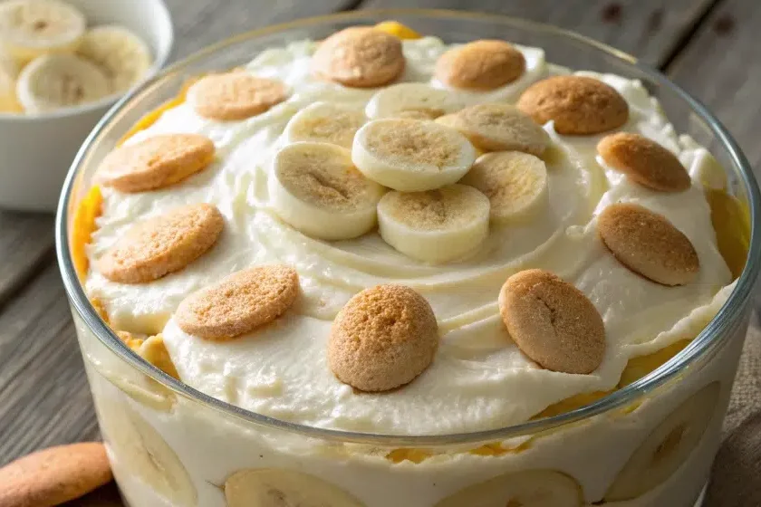 Simple banana pudding recipe with layers of cookies, bananas, and creamy pudding. Title: Homemade Simple Banana Pudding Recipe