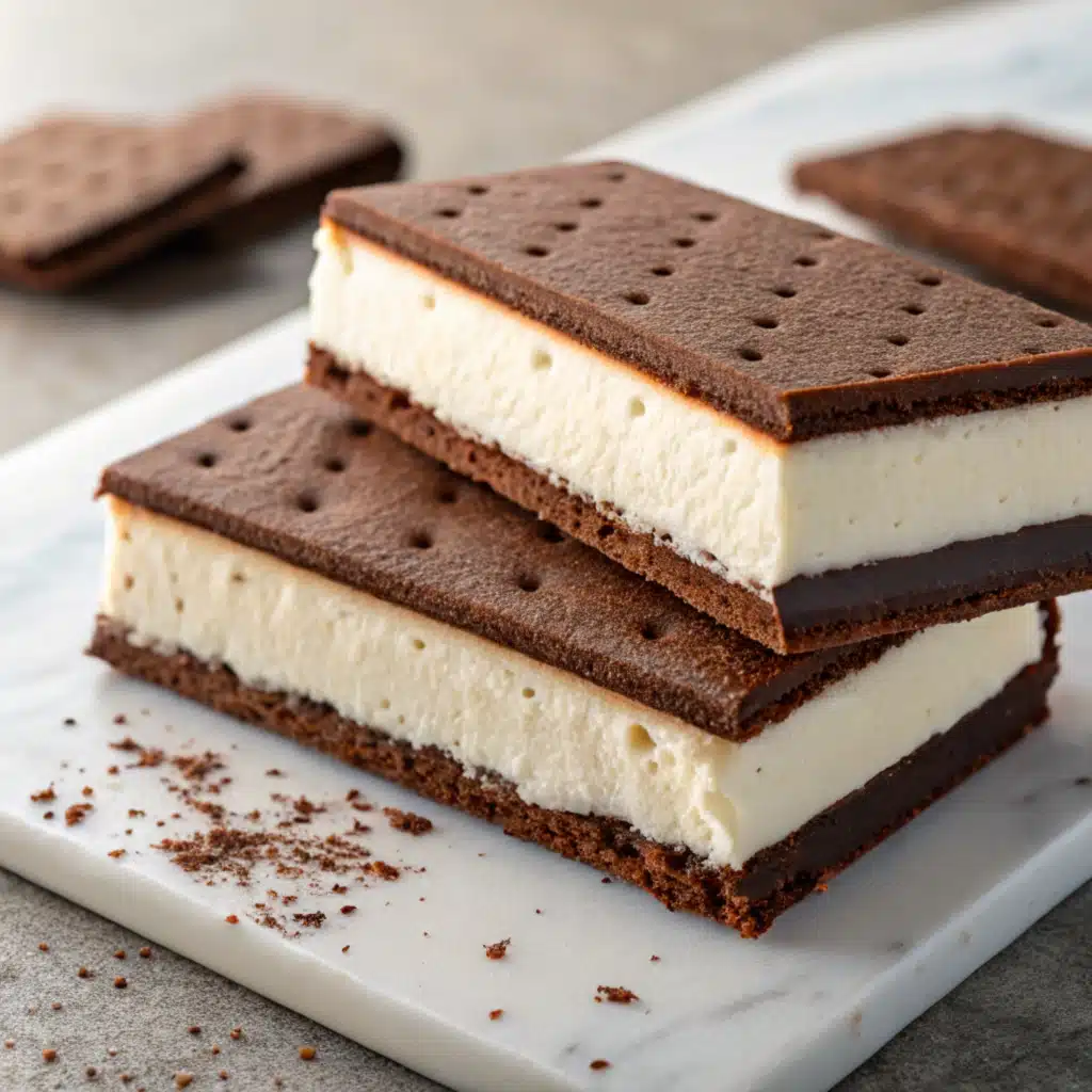 A classic ice cream sandwich showing what is in the middle of an ice cream sandwich?