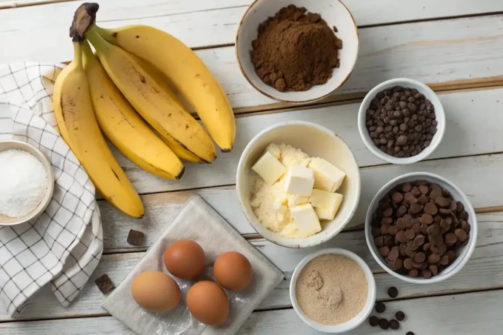 "Fresh ingredients for banana brownies: ripe bananas, cocoa powder, sugar, butter, eggs, and chocolate chips on a rustic wooden table