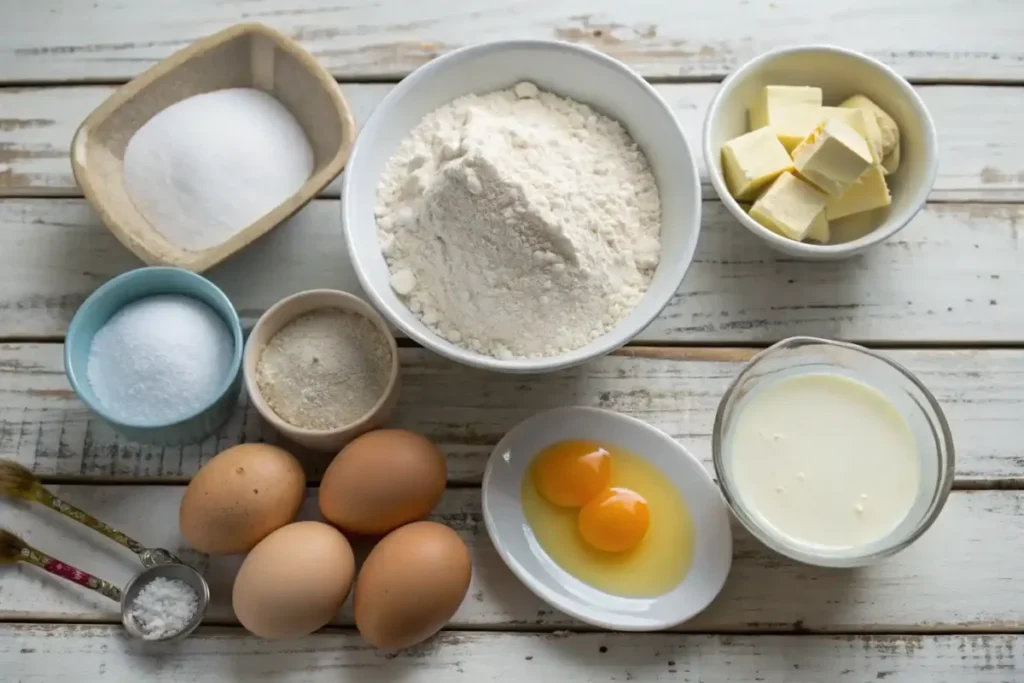 Ingredients for Cracker Barrel pancakes, including flour, sugar, buttermilk, eggs, and butter on a wooden table