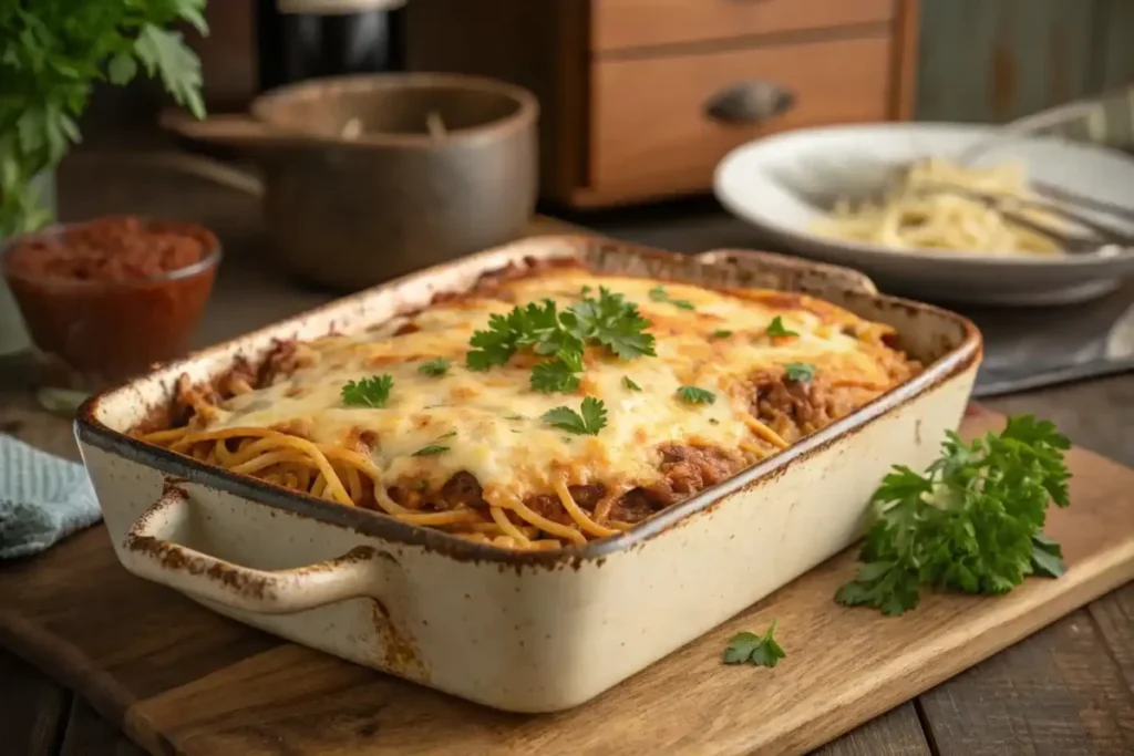 A freshly baked spaghetti casserole with melted cheese and parsley in a baking dish