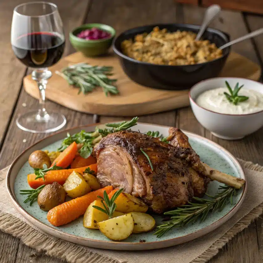 Braised and grilled lamb breast served with roasted vegetables, couscous, and yogurt sauce on a rustic wooden table, accompanied by glasses of red wine