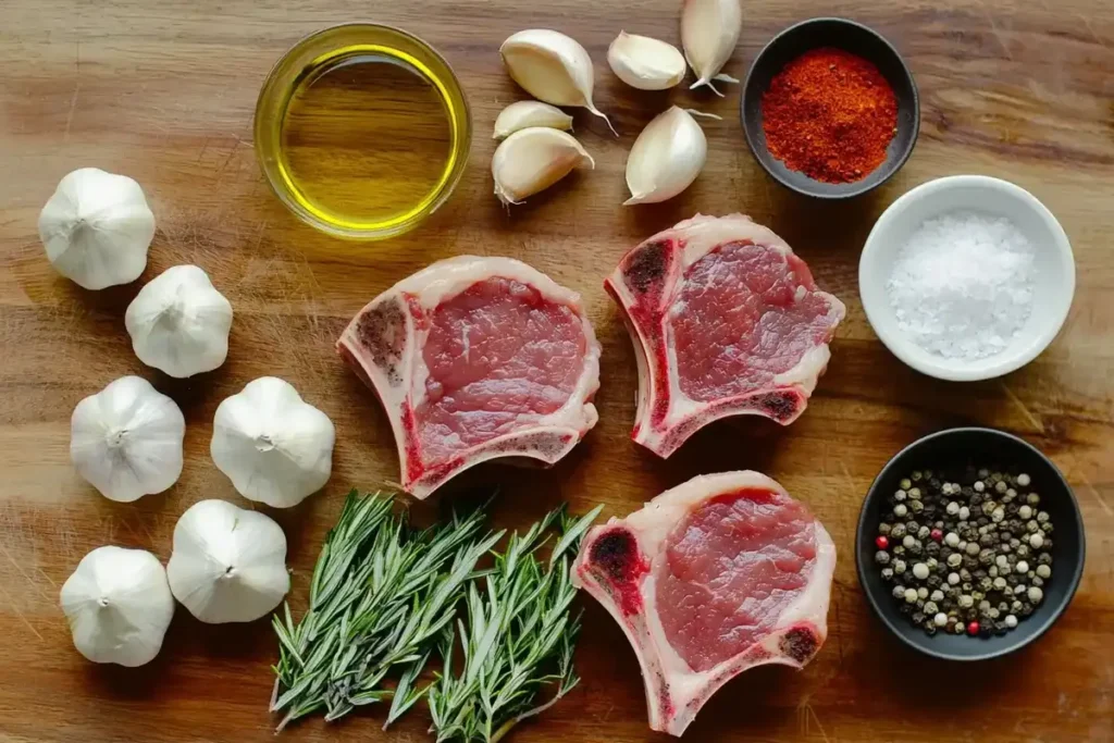 Fresh ingredients for lamb shoulder chops including raw meat, olive oil, garlic, and spices