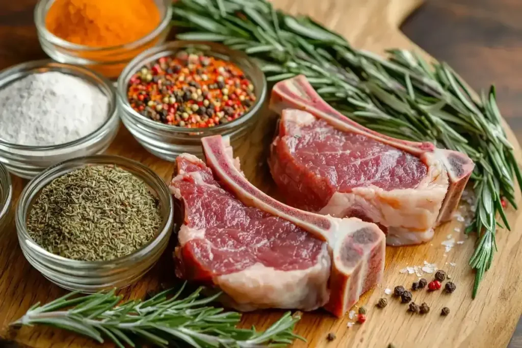 A mix of fresh and dried herbs with spices for seasoning lamb shoulder chops