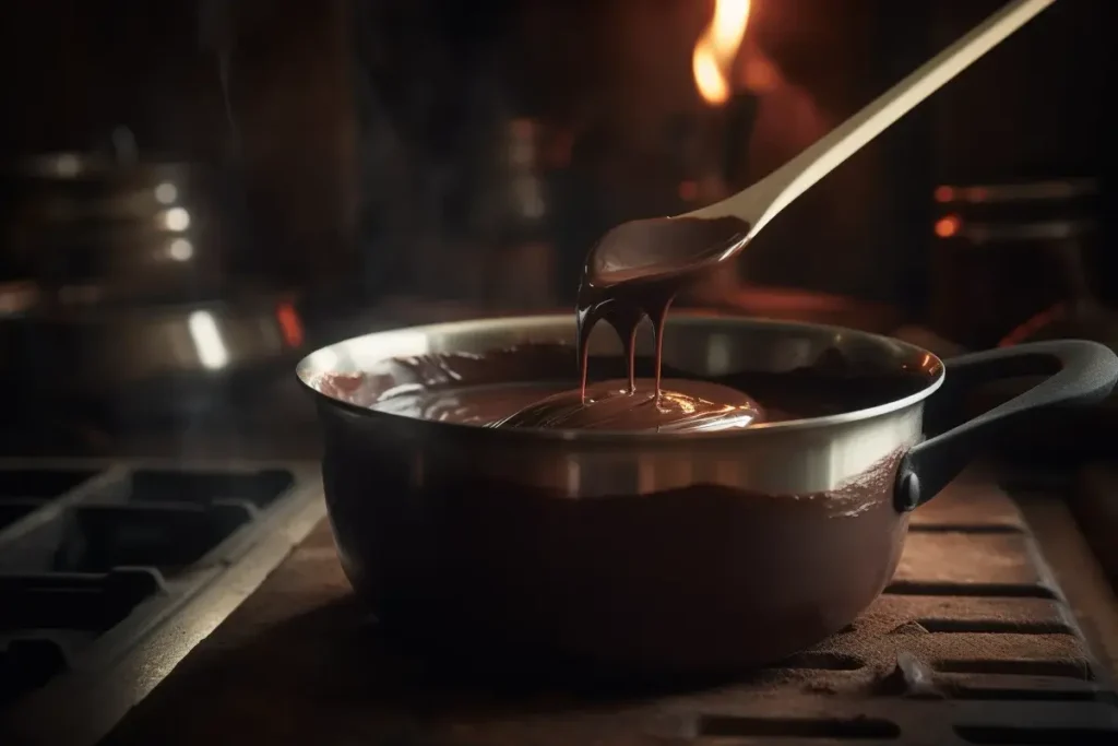 Melted dark chocolate being stirred in a saucepan to prepare the Dubai Chocolate Bar