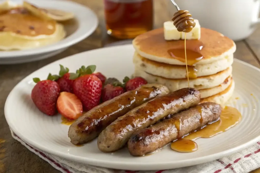 Maple-glazed beef breakfast sausages served with pancakes