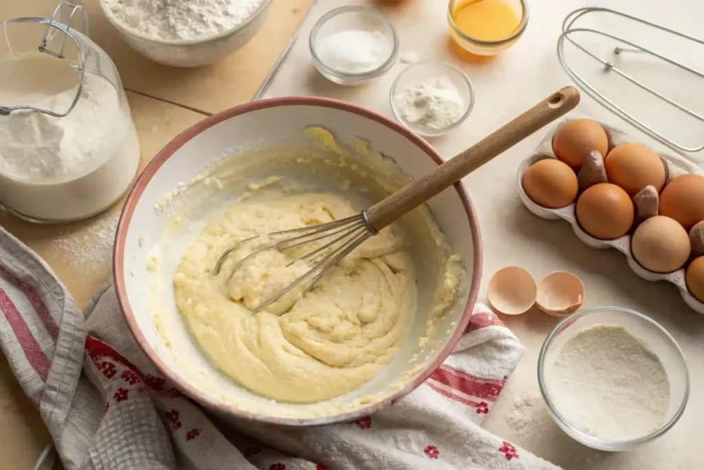 Mixing pancake batter in a bowl with a spatula, surrounded by ingredients and measuring tools