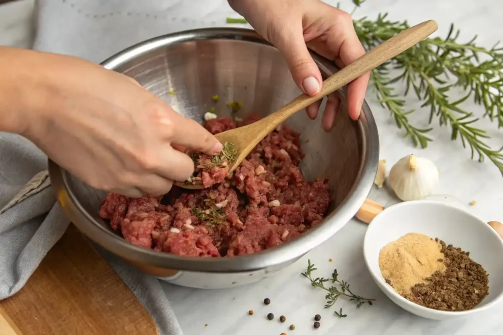 Mixing ground beef and spices to prepare beef breakfast sausages.