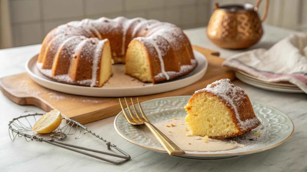 A golden and moist Bundt Cake with smooth glaze gently dripping down the sides, placed on an elegant plate