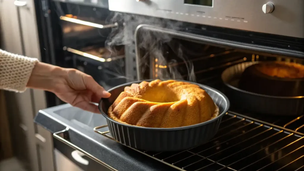 A Bundt Cake pan coming out of the oven, with a perfectly golden cake inside.