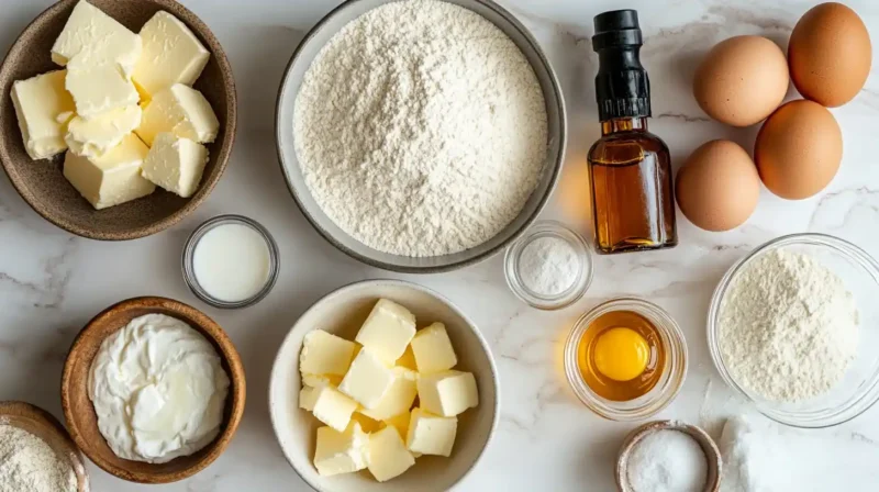 An assortment of quality ingredients for a Nothing Bundt Cake: flour, sugar, eggs, butter, sour cream, and vanilla extract.