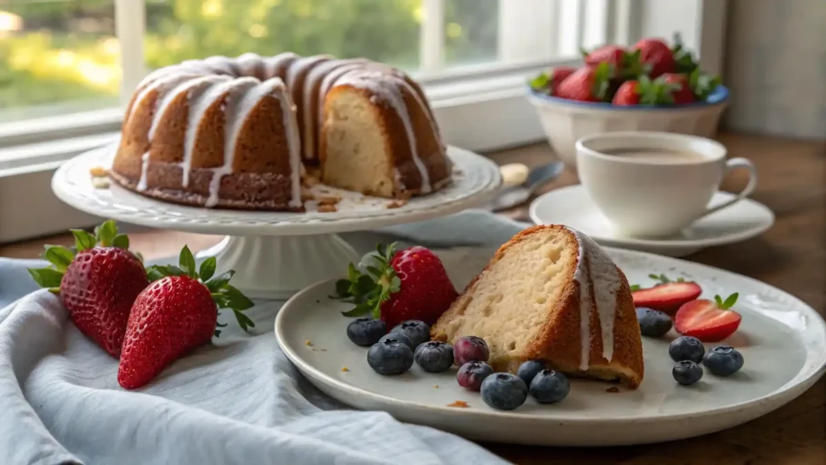 A beautiful golden Bundt Cake with creamy frosting, placed on an elegant plate