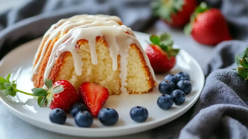 A slice of Nothing Bundt Cake served on a plate with a drizzle of frosting and fresh fruit garnish.