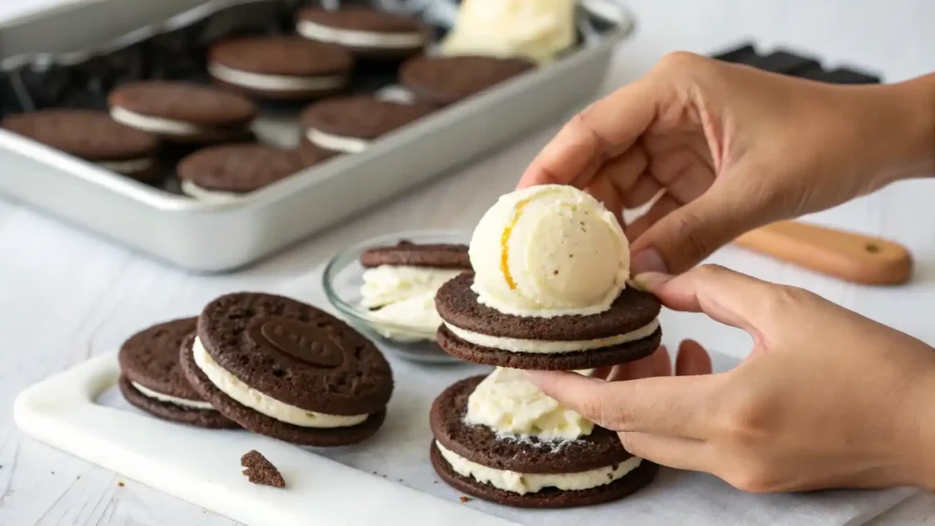 Hands assembling homemade Oreo ice cream sandwiches, pressing vanilla ice cream between chocolate cookies.