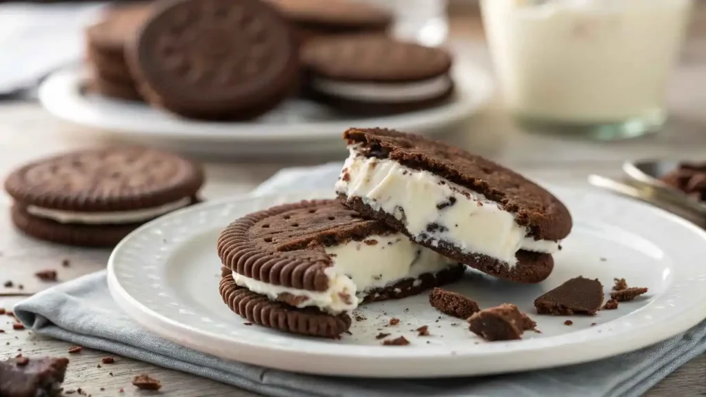 Close-up of an Oreo ice cream sandwich with a bite taken out, revealing creamy vanilla ice cream between two crispy chocolate wafers.