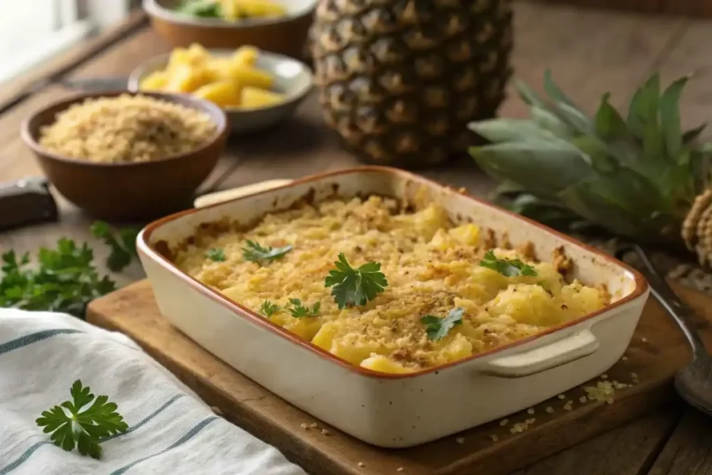 Freshly baked pineapple casserole topped with golden cracker crumbs and garnished with parsley in a baking dish