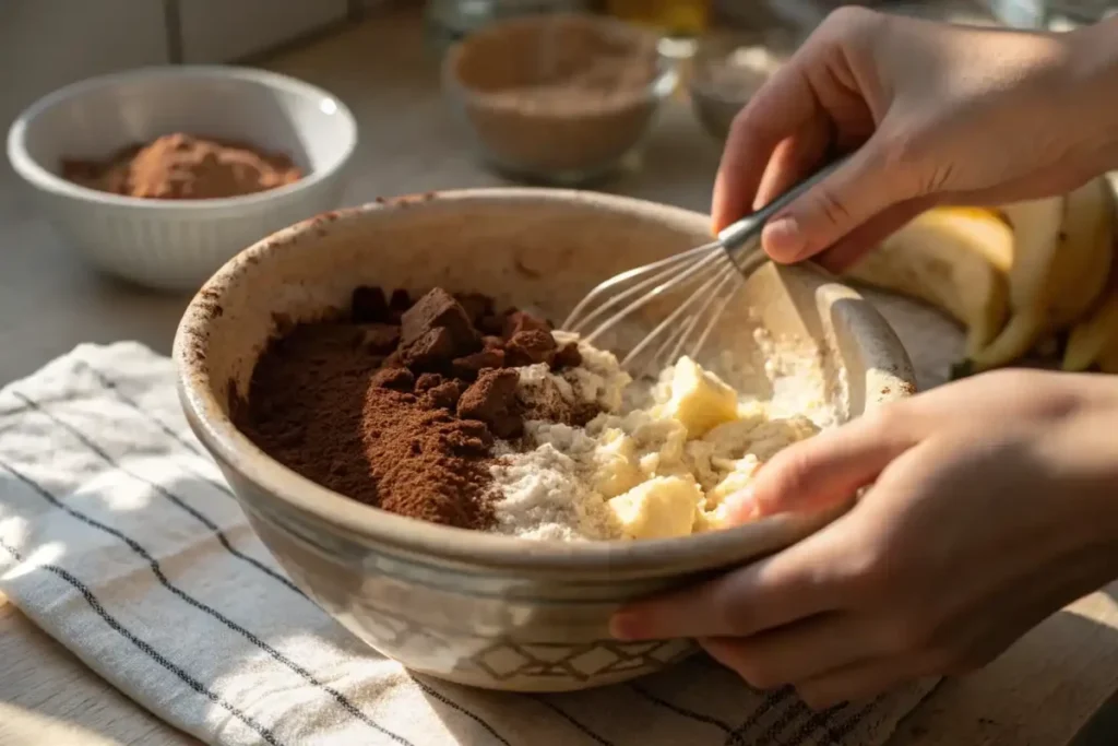 Hands mixing dry ingredients with wet ingredients in a ceramic bowl to prepare banana brownie batter