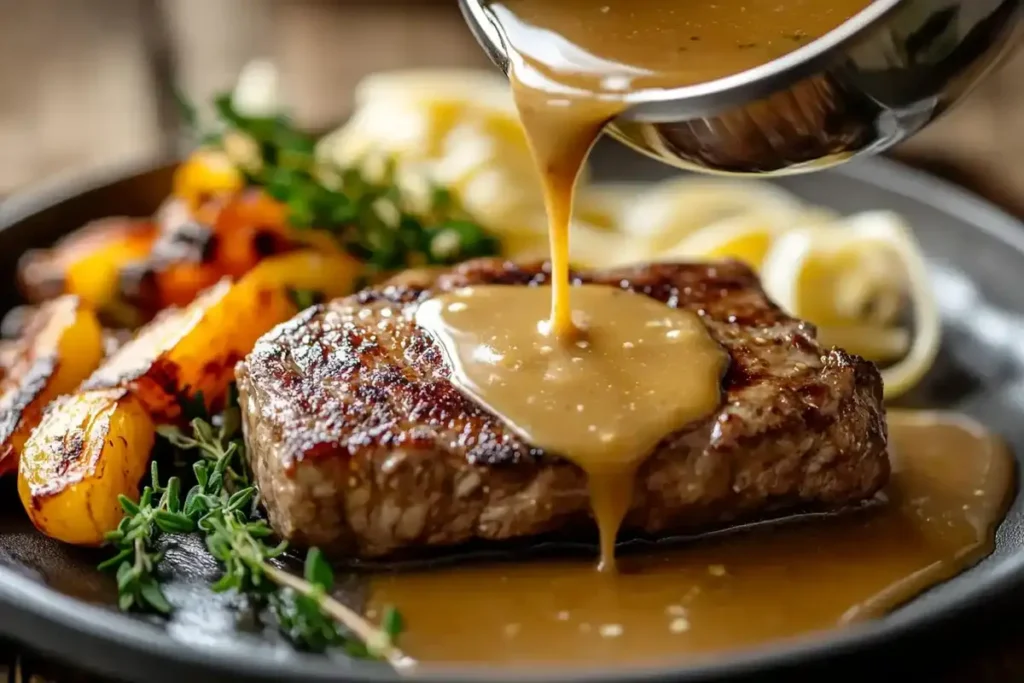 A creamy, golden chicken bone broth sauce drizzled over grilled steak and pasta