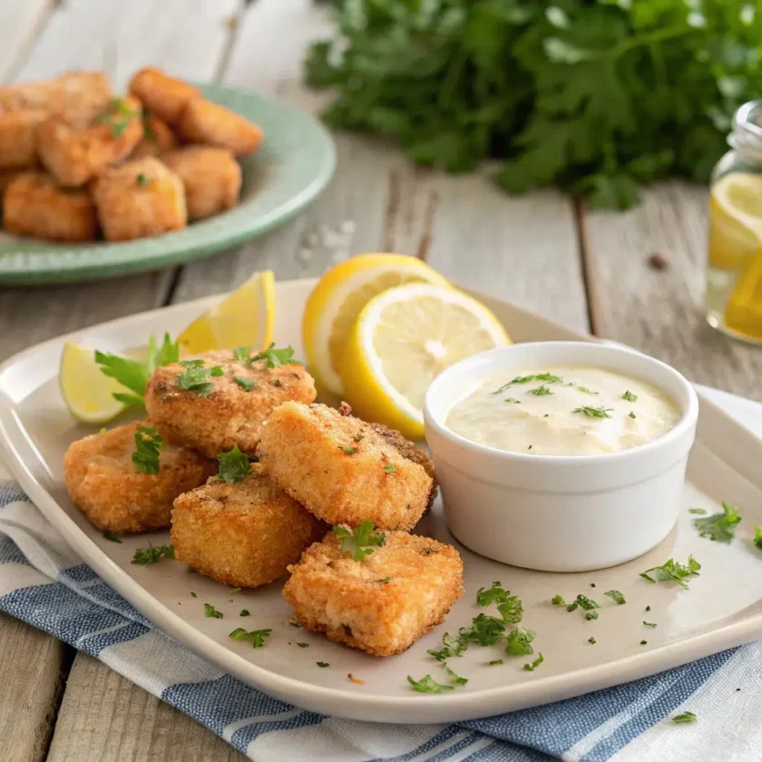 Salmon bites on a plate with fresh parsley, lemon wedges, and dipping sauce