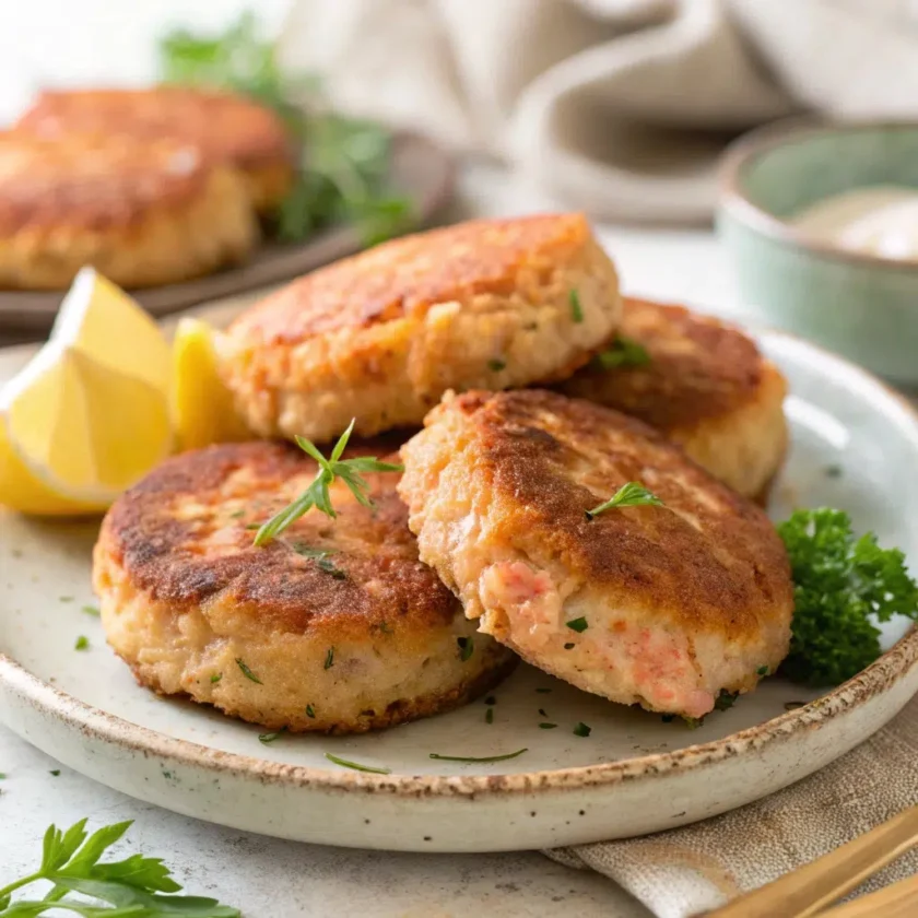 Golden-brown old fashioned salmon patties recipe on a plate.