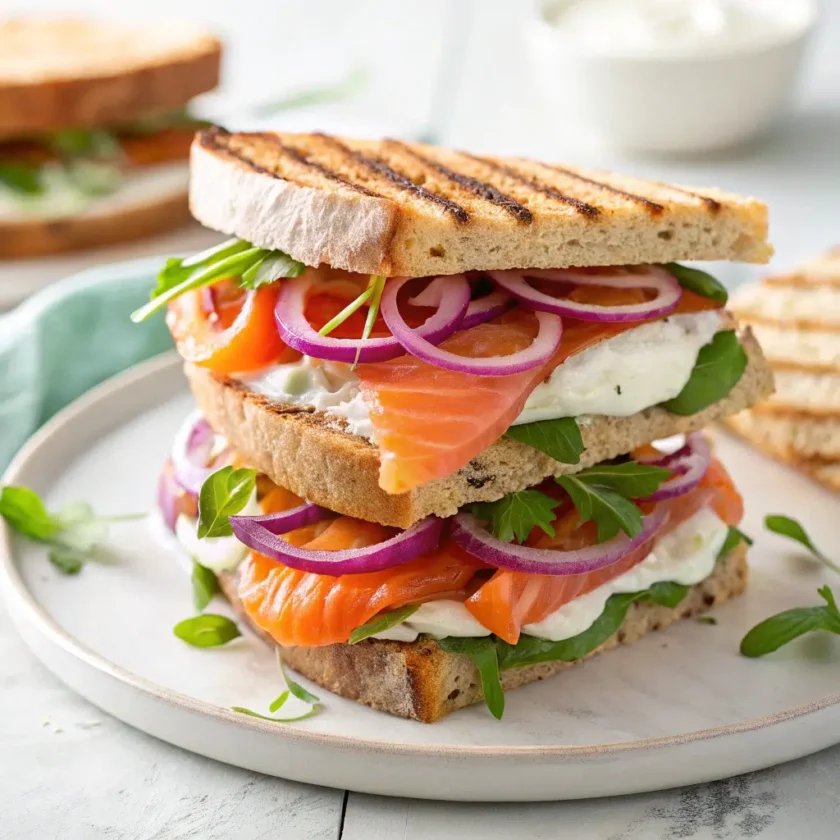 Delicious salmon sandwich recipe with fresh ingredients.