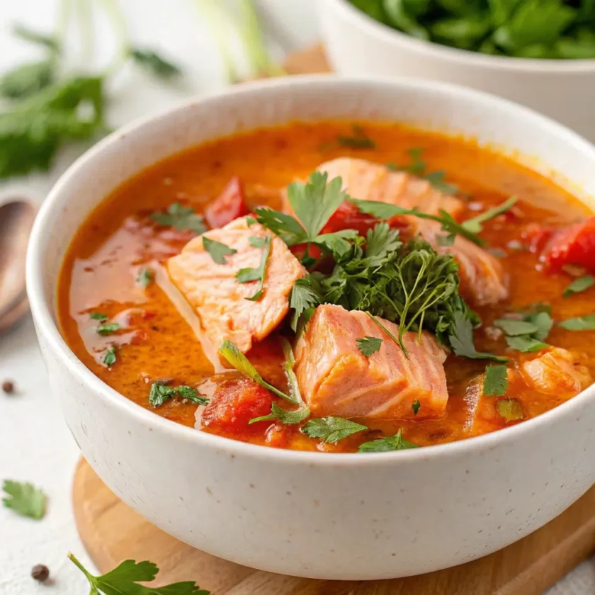 A bowl of hearty salmon soup recipe with fresh herbs