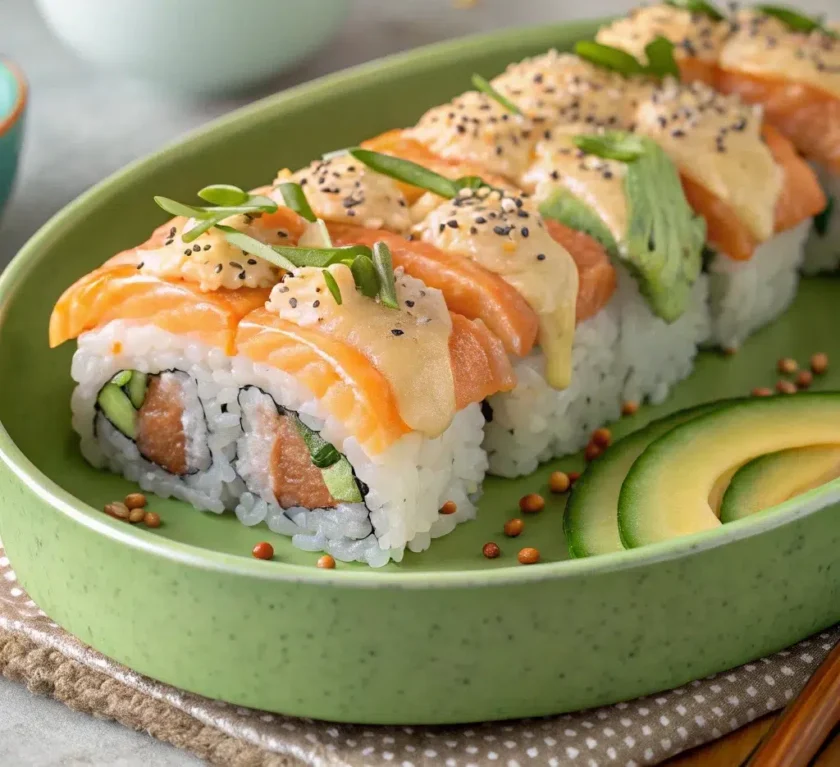 Golden brown sushi bake recipe salmon in a baking dish