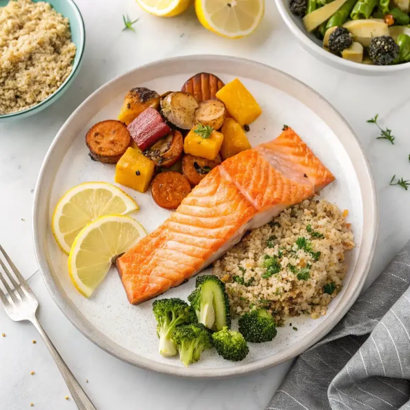 An appetizing plate showing salmon with different mixed pairings, including vegetables and grains.