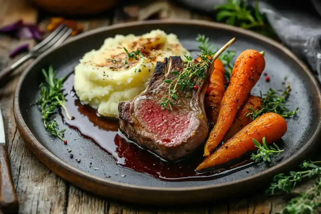 A perfectly cooked lamb shoulder chop plated with roasted vegetables and sauce