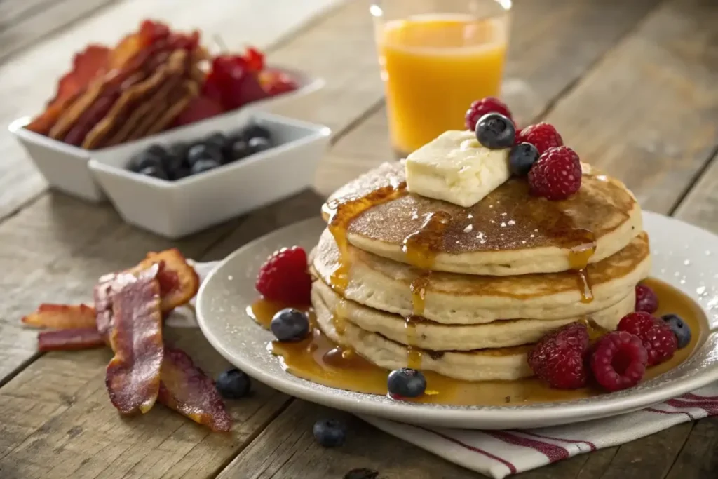 A stack of pancakes topped with butter and syrup, served with fresh berries and a side of bacon