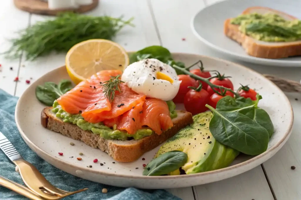 Smoked salmon breakfast plate with avocado, poached egg, spinach, cherry tomatoes, and whole grain toast.