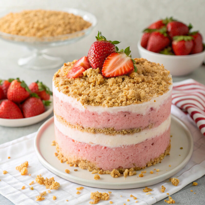 A slice of strawberry crunch cake showing layers and crunchy topping.