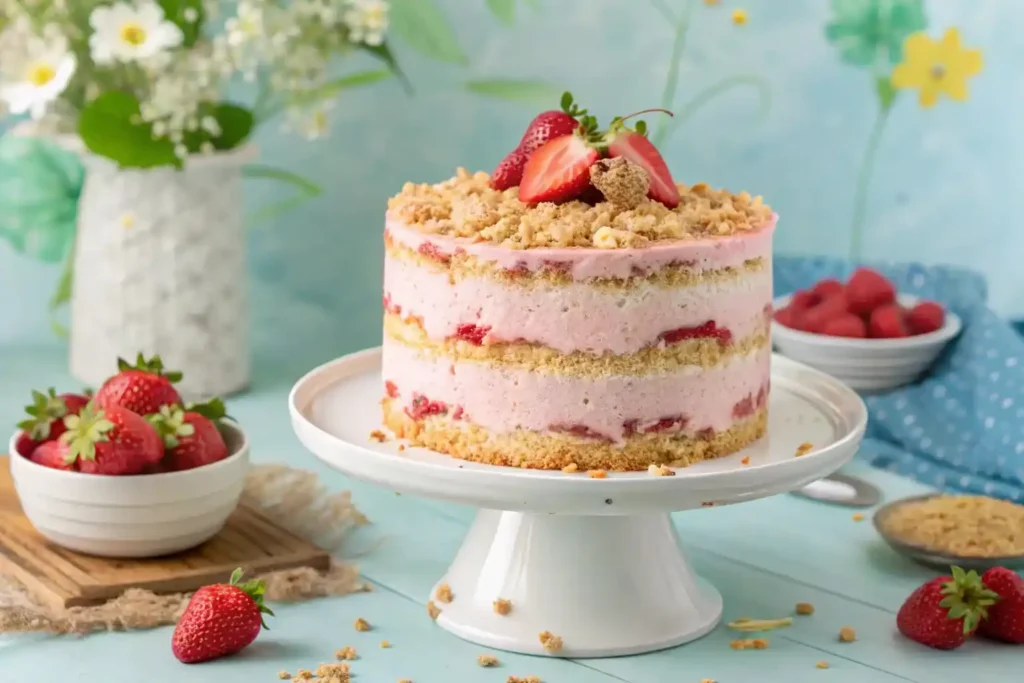 A fully decorated strawberry crunch cake with vibrant layers and crunchy topping.