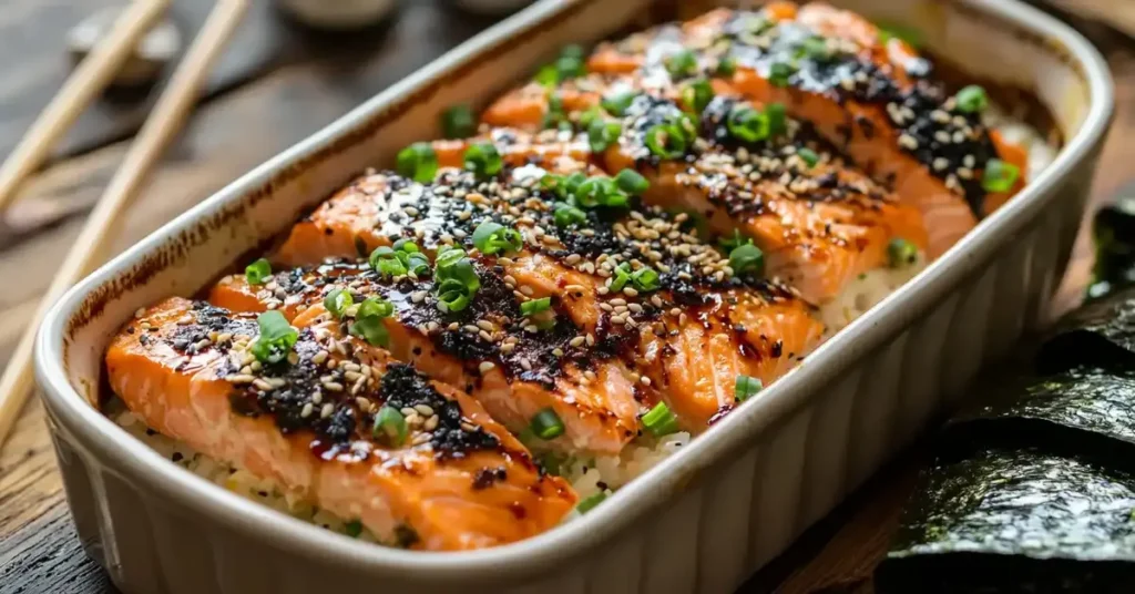 Golden brown sushi bake recipe salmon in a baking dish