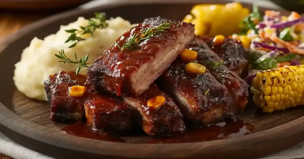 Delicious boneless beef ribs on a serving platter