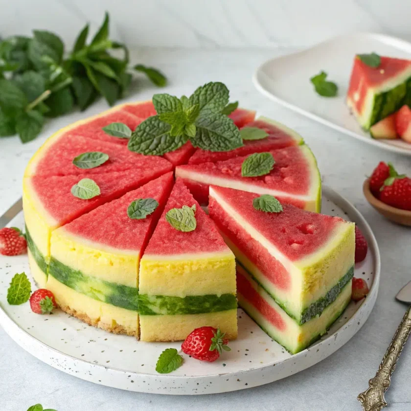 vibrant watermelon cake decorated with fresh fruits.