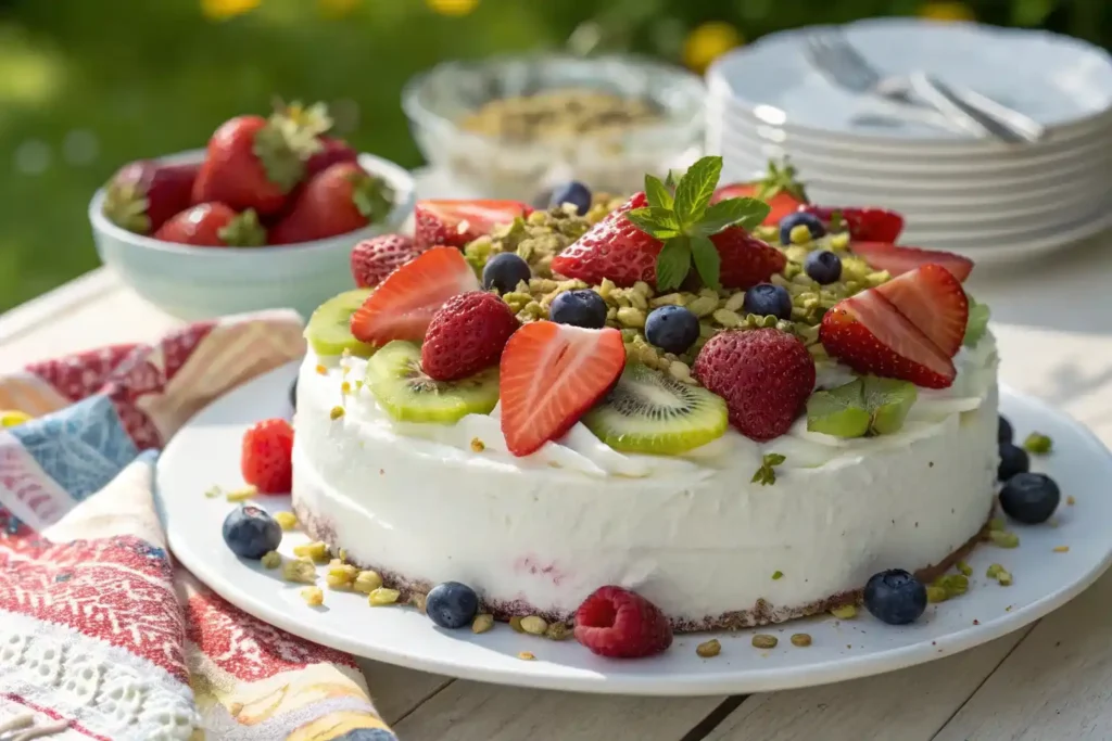 A stunning watermelon cake garnished with fresh fruits and nuts