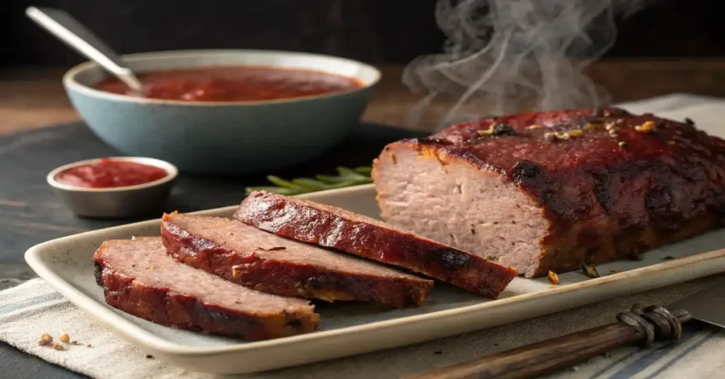 Delicious smoked meatloaf on a wooden cutting board