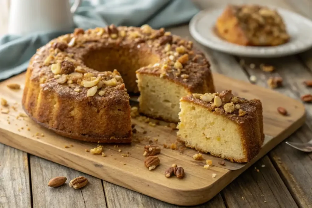 Golden cake with streusel topping and nuts on a rustic table