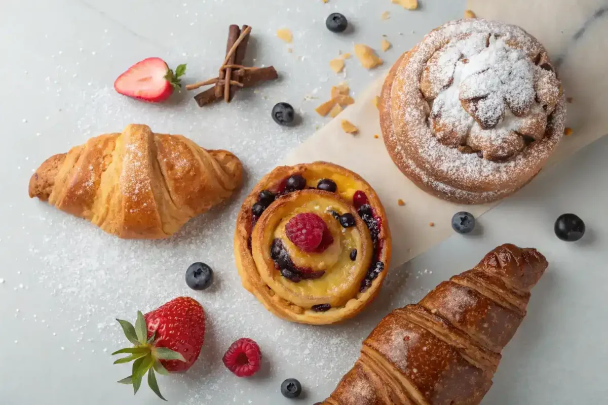 A flat lay of various breakfast pastries, including a croissant, cinnamon roll, fruit tart, and scone, on a light background