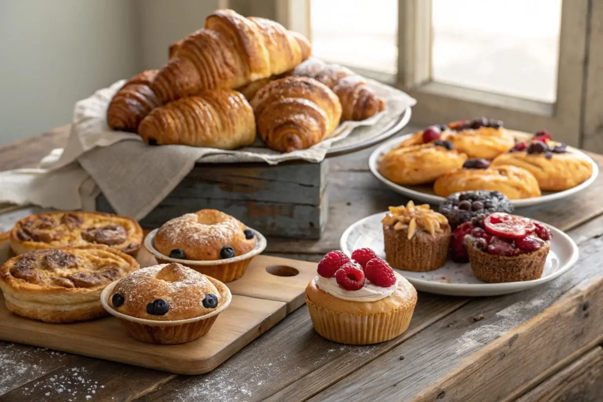 A variety of delicious breakfast pastries arranged on a wooden platter, including croissants, muffins and tarts.